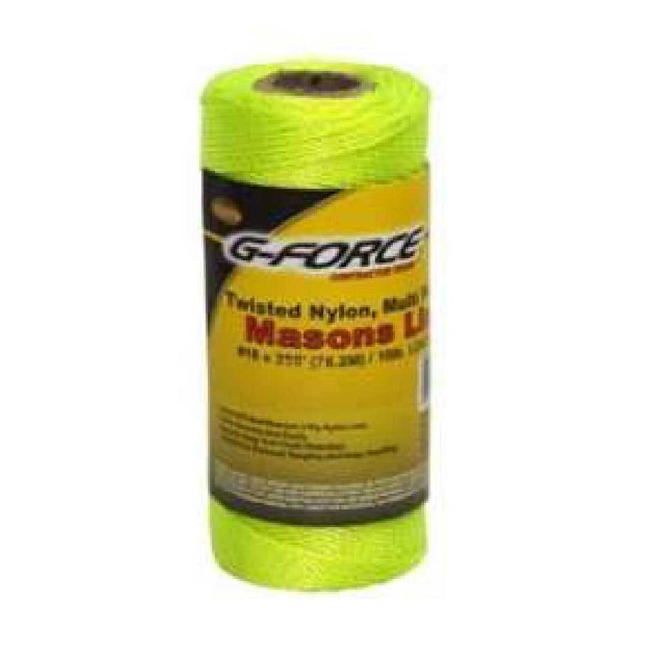 The G FORCE 27145 Twisted Nylon Mason Line, Neon Yellow #18 x 250 ft., features a durable neon yellow-green cord with clear product details on its black and yellow label—ideal for multi-use masonry and other projects.